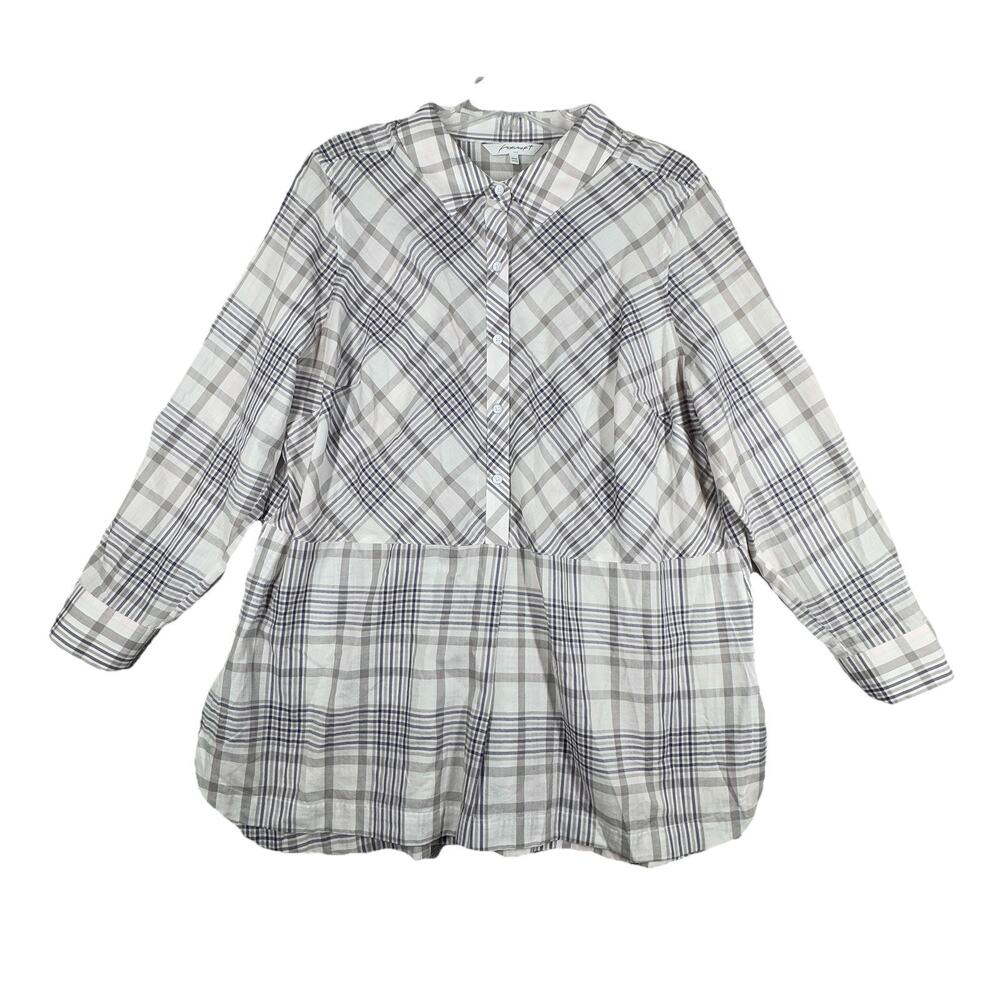 Foxcroft Shirt Womens 18W Blue Gray Plaid Button Up Preppy Casual Work Office